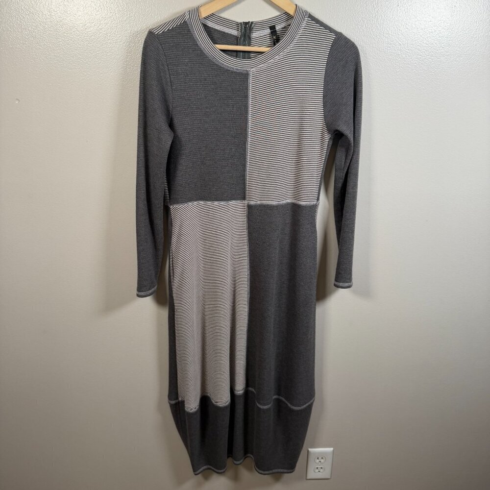 IC Connie K Bubble Dress Size Small Gray Stripes Midi Lagenlook Artsy Eclectic